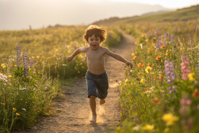 Ein Kind läuft freudestrahlend einen Weg entlang