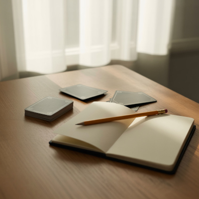 Ein aufgeschlagenes Notizbuch, ein Bleistift und ein Stoß Karten liegen auf einem Tisch.