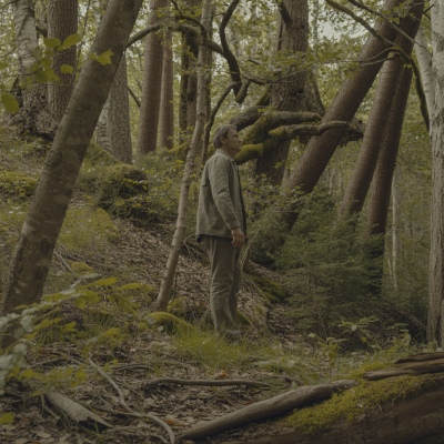 Ein Mann steht im Wald und sieht sich um.